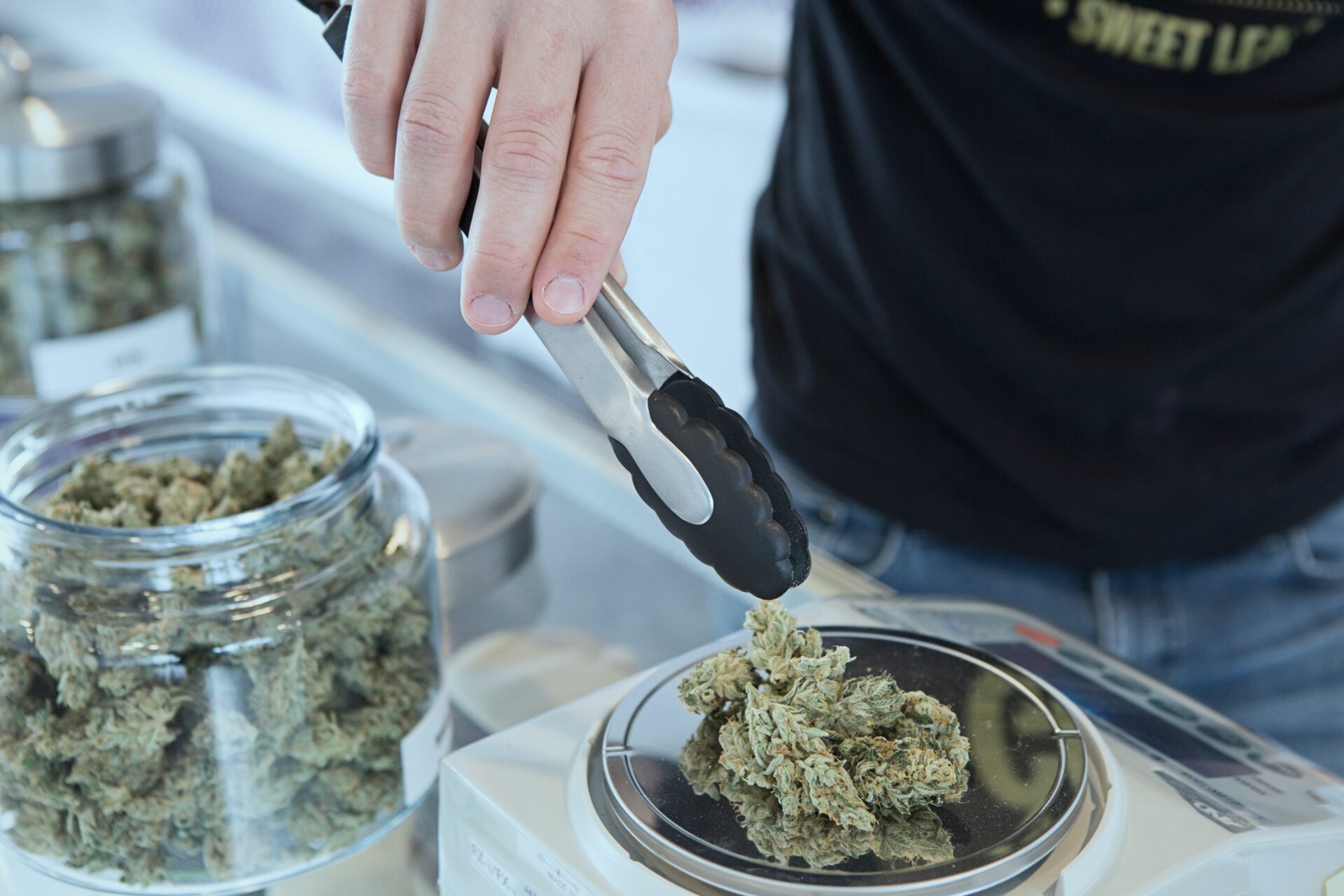 person holding grey tongs and weighing out cannabis dose